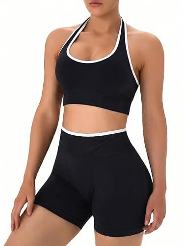 OLCHEE Workout Sets for Women 2 Piece Backless Halter Sports Bra High Waist Booty Shorts Yoga Gym Outfits Lounge Activewear thumbnail 5