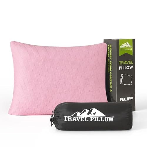 PEUJEW Small Shredded Memory Foam Pillow, Camping Pillow Travel Pillow - Compressible Medium Firm, Breathable Cover, Ideal Backpacking Hiking, Airplane and Car (Apricot Pink, M) - Image 1
