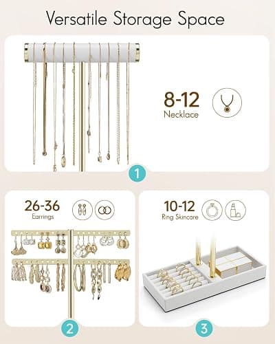 Vlando 2 Tier Necklace Holder Organizer with Tray, Leather Bracelet Holder Display for Women, Gold Jewelry Holder Stand for Bracelet, Necklace, Earrings, Rings - White thumbnail 4