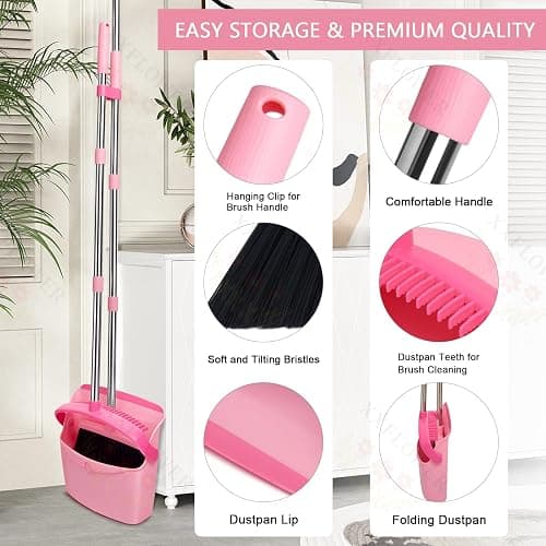 XXFLOWER Broom and Dustpan Set, Dustpans with Broom Combo for Home, Heavy Dust Broom and Dustpan Combo, Long Handle Dust Pan and Broom Set for Kitchen, Office, Pet Hair,Pink, Pack of 1 thumbnail 6