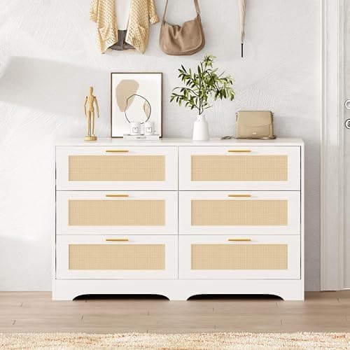 Redlife White Rattan Dresser for Bedroom, 6 Drawer Dresser with Golden Handles, Wood Storage Chest of Drawers for Closet, Living Room, Hallway and Entryway - Easy Assembly thumbnail 8