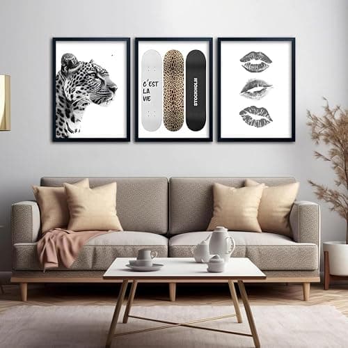 Framed Stockholm Style Canvas Wall Art Set of 3 Black and White Fashion Leopard Print Lips, Preppy Room Aesthetic Cheetah Wall Decor for Girls Bedroom Apartment or Dorm12x16 Inch Black Wood Frame thumbnail 6