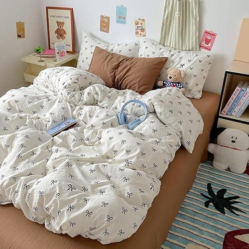 Covebett Bettwäsche 135x200 Mädchen Weiß mit Schwarz Schleifen Kinder Bettbezug 2teilig Aesthetic Kawaii Weich Renforcé Microfaser Einzelbett Deckenbezug Reißverschluss und Kissenbezug 80x80cm thumbnail 3