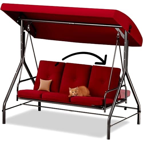 Porch Swing - 3-Seat Patio Outdoor Swing with Canopy for Adultes, Convertible Glider Bed, Thick Removable Cushions & Pillows for Backyard, Porch, Garden - Burgundy thumbnail 7