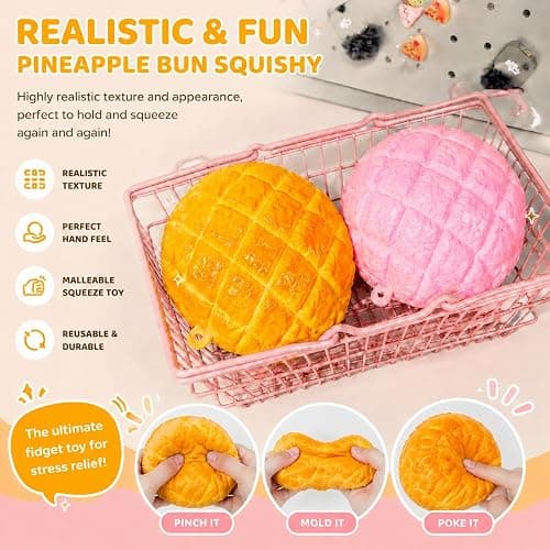 Crunchy Pineapple Bun Squishy - Bead Filled Squeeze Fidget Toy, Realistic Food Replica Design Sensory Squeeze Ball with Crunchy ASMR Feel for Adults，Pink thumbnail 4