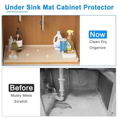 Under Sink Mat- 34" x 22" Waterproof Kitchen Cabinet Mat - Flexible Silicone Under Sink Liner - Kitchen Bathroom Cabinet Mat and Protector for Drips Leaks Spills (Beige) thumbnail 3