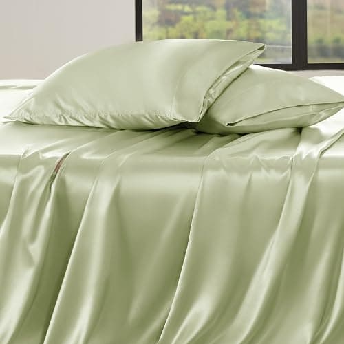 Bedsure Satin Sheets Queen Size - 4 Piece Silky Bedsheets with 15 Inches Deep Pocket Fitted Bedsheet,1 Flat Sheet, 2 Satin Pillowcases, Good for Hair & Skin (Queen, Sage Green) thumbnail 7