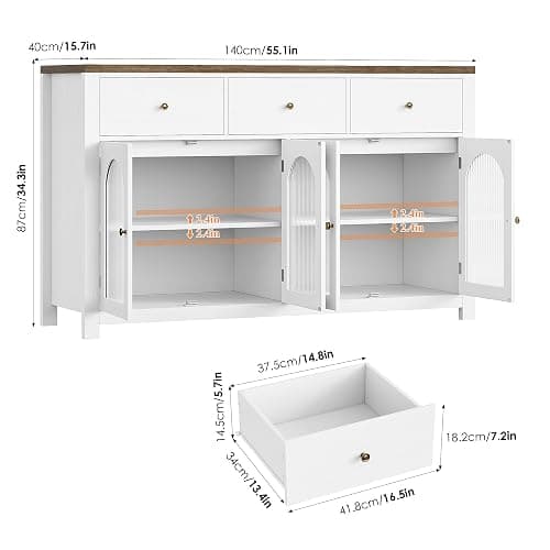 FINETONES Buffet Cabinet with Storage, 55.1" Large Sideboard Buffet Cabinet, Farmhouse Kitchen Cabinets with 3 Drawers and 4 Doors, Wood Coffee Bar for Kitchen Dining Room thumbnail 3