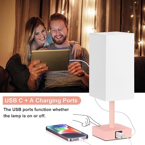 Ambimall Touch Control Table Lamp with USB A+C Charging Ports - 3 Way Touch Lamps Bedside, Nightstand Lamp for Bedrooms, LED Bulb Included(White Shade & Pink Base) thumbnail 3