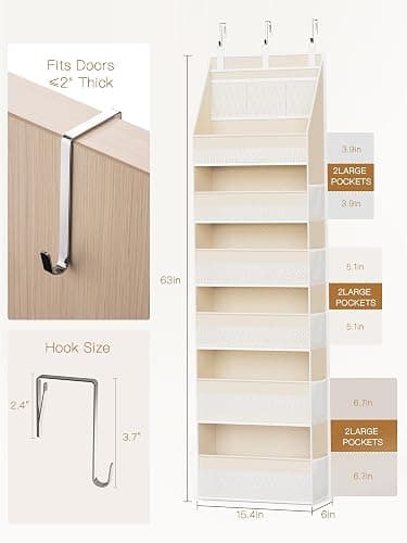 Criusia Over the Door Organizer, 6-Shelf Closet Hanging Storage with 13 Mesh Pockets, 55lbs Capacity Behind the Door Storage for Baby Nursery, Bathroom, Bedroom, and Dorm, Beige thumbnail 2