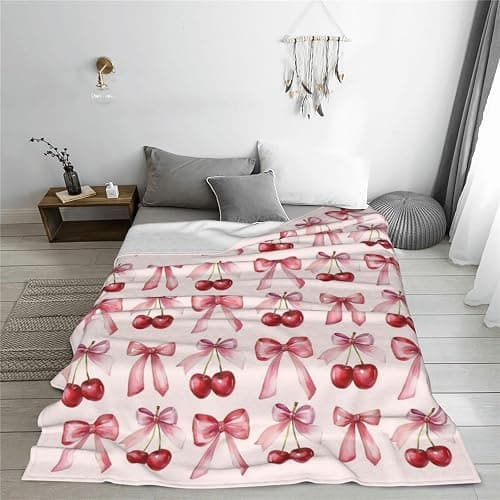Pink Bow Cherry Coquette Throw Blanket Preppy Cute Aesthetic Flannel Blanket 40"X30" Soft Cozy Warm Bed Blanket for Home Decor Dorm Living Room Bedroom Bed Sofa Travel Camping,Women Girls Gifts thumbnail 2