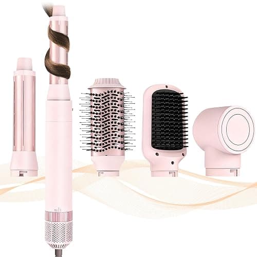 5 in 1 Air Wrap Hair Styler,Dual Voltage Professional Frizz Free Hair Dryer Brush - High-Speed Hot Air Styler, No Heat Damage Auto Wrap Hot Air Styler Wrap, Fast Drying, Curling, Straightening (Pink) - Image 1