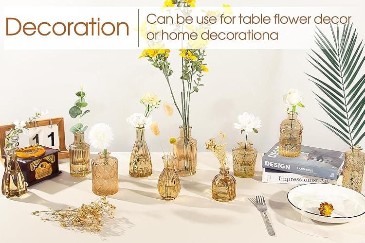 Gold Amber Glass Bud Vases Set of 12, Small Vases for Flowers | Mini Vintage Vases, Bud Vase in Bulk, For Wedding Decor, Single Flowers, Office and Home Table Flower Décor thumbnail 2