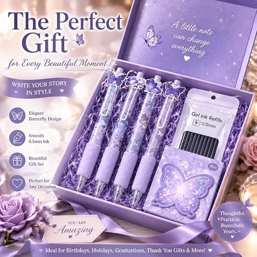 Eloxomer Cute Purple Butterfly Gel Pens Set, 4 Pack Retractable 0.5mm Black Ink Writing Pens with 10 Refill & Sticky Notes for School, Office, Gifts for Girls, Students & Friends thumbnail 4