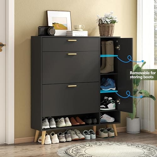 Gyfimoie Shoe Cabinet Storage for Entryway, Slim Shoe Organizer Cabinet 2 Flip Drawer, Narrow Hidden Shoe Storage Side Door Cabinte (Black) thumbnail 4