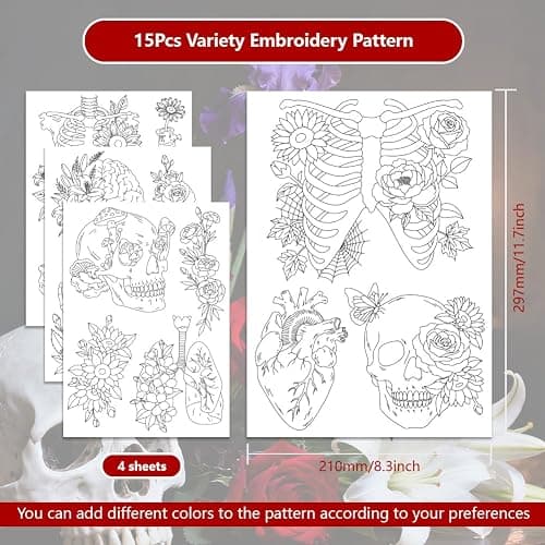 ORIGACH 4 Sheets Water Soluble Embroidery Patterns Stabilizers - Pre-Printed Skeleton, Skull, Organs & Floral Designs - Stick & Stitch Embroidery Paper for Hand Sewing Lovers thumbnail 2