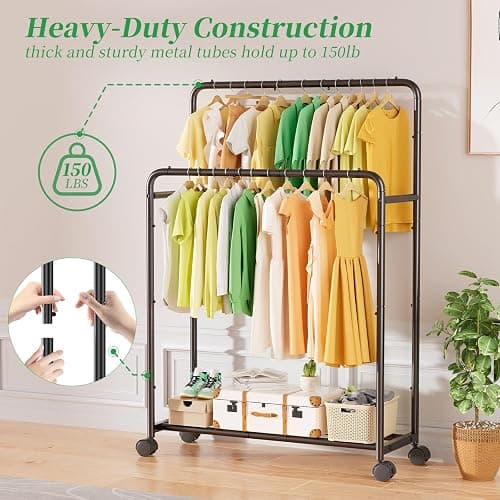 Simple Trending Clothing Clothes Rack Double Rods with Wheels, Rolling Metal Garment Rack for Hanging, Black thumbnail 6