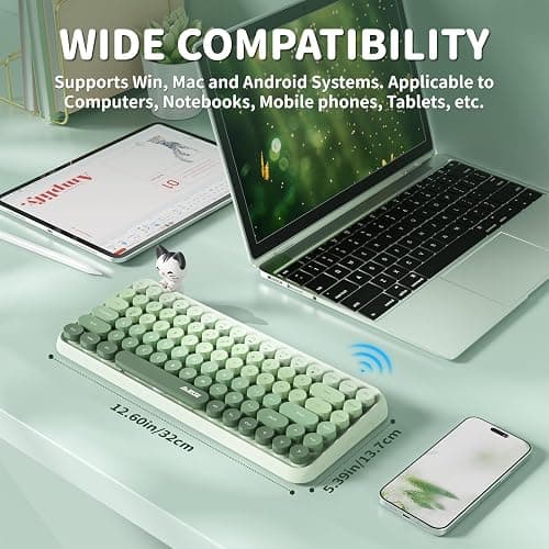 FELiCON Ajazz 308i Kabellose Retro Tastatur, Bluetooth Silent Cute Computer Tastatur mit Runder Punk Tastenkappe, Matte Textur Kompakte 84 Keys, QWERTY, Typewriter Design für PC, Laptop, Mac - Grün thumbnail 9