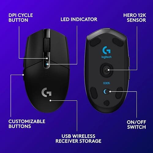 Logitech G305 LIGHTSPEED Wireless Gaming Mouse, Hero 12K Sensor, 12,000 DPI, Lightweight, 6 Programmable Buttons, 250h Battery Life, On-Board Memory, PC/Mac - Black thumbnail 6