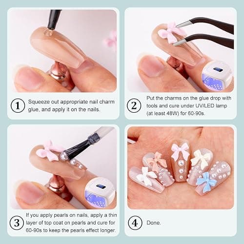 600 Pcs Bow Nail Charms and Flatback Pearls Set 2, 11 Colors Shiny Cute Bow Charms Nail Jewels and 2-4mm White Nail Pearls for Nail Art DIY Decoration with Pickup Tools thumbnail 7