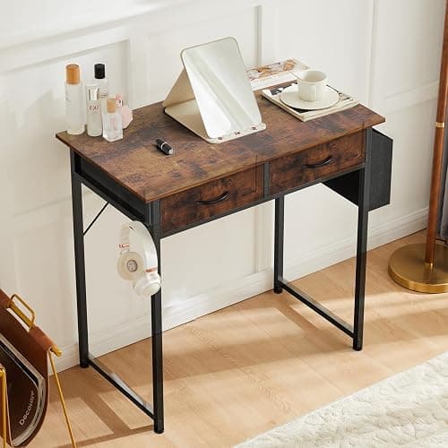 DUMOS 32" Home Office Computer Desk with Drawers, Small Gaming Writing Study Table with Storage Side Bag, Headphone Hook and Adjustable Feet for Bedroom Rustic Brown thumbnail 5
