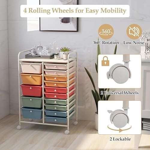 LDAILY 15 Drawer Rolling Storage Cart, Rolling Cart with Drawers for Classroom, Art Supply Craft Organizer on Wheel with Metal Frame & Handles for Home Office School thumbnail 6