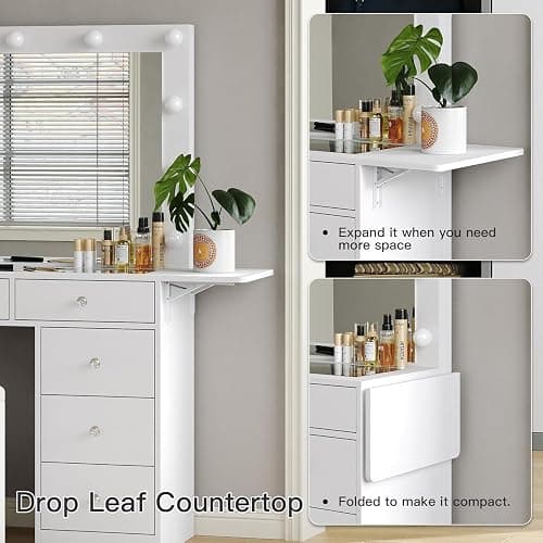 FUSOU Vanity Desk with Power Outlet, 9 Drawers Makeup Vanity with Mirror and 12 LED Lights, 3 Lighting Modes, Glass Top Vanity Set, Fold-up Panel, Dressing Table for Bedroom thumbnail 6