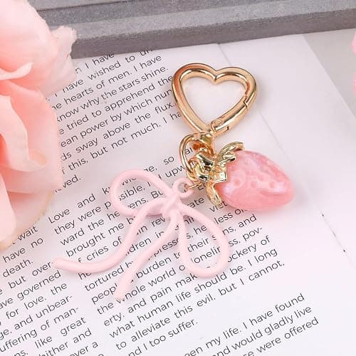 Mikovivi Strawberry Keychain with Bow, Kawaii Bow Heart Key Chains | Pink Cute Strawberry Bag Charms for Purse Backpack Handbag thumbnail 5