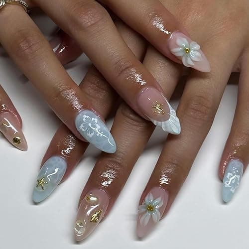 24Pcs French Tip Press on Nails Medium Almond Nails Starfish Fake Nails with 3D Flower Designs Conch Seashell Glue on Nails Summer Beach Acrylic Nails Blue Ocean False Nails Stick on Nails for Women - Image 1