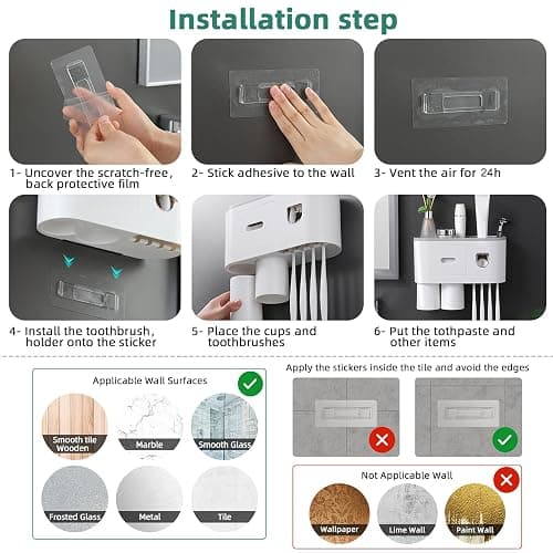 Toothbrush Holder Wall Mounted, Automatic Toothpaste Dispenser Squeezer Kit -Magnetic Toothbrush Holder for Bathroom and Vanity, 4 Brush Slots 2 Cups 1 Cosmetic Drawer - Grey - 2 cups thumbnail 6