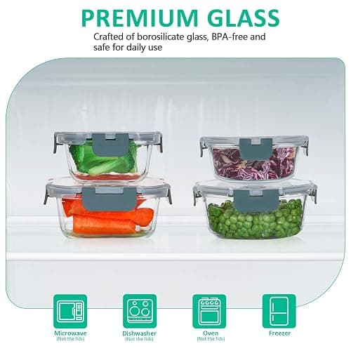KOMUEE 24 Pieces Glass Food Storage Containers Set,Meal Prep Containers-Stackable Airtight Glass Storage Containers with lids,Freezer, Microwave, Oven Safe,Gray thumbnail 4