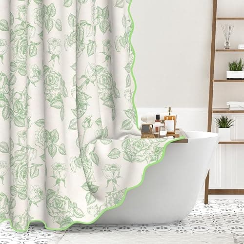 NAEMBCU Floral Scalloped Shower Curtain with 12 Hooks 71x74Inches - Green Flower Rose Pattern, Waterproof Fabric Bath Curtain for Modern, Farmhouse and Elegant Bathrooms Decor - Image 1
