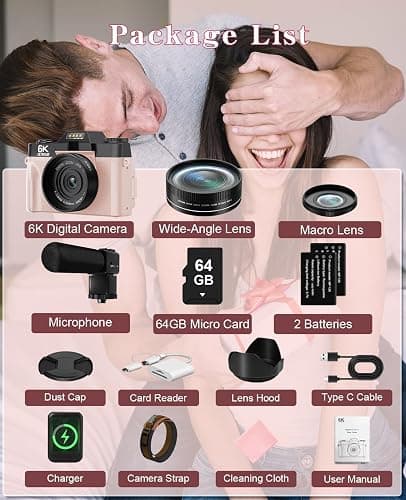 FLATIC Cameras for Photography, 6K 64MP Digital Camera with WiFi & Microphone for Youtuber, Vlogging Camera with 180°Flip Screen, 64GB Card, 2 Batteries, Macro & Wide-Angle Lens, Card Reader thumbnail 9