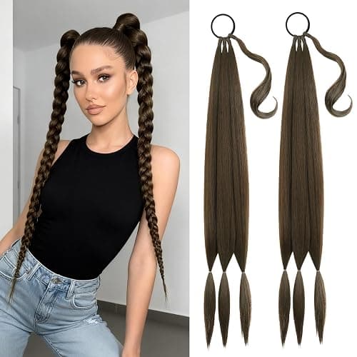 Kmzbasg 2PCS Long Braid Ponytail Extension with Hair Tie DIY Wrap Around Synthetic Hairpiece Natural Soft Fluffy Style for Women’s Daily Wear - Image 1