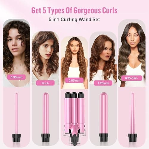 Waver Curling Iron Wand - BESTOPE PRO 5 in 1 Curling Wand Set with 3 Barrel Hair Crimper for Women, Fast Heating Crimper Wand Curler in All Hair Type, Women Gifts - Pink thumbnail 2