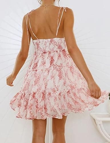 Mansy Womens 2025 Summer Floral Mini Dress Boho Flowy Skater Dresses Short Sleeveless Ruffle Spaghetti Strap Dress thumbnail 2