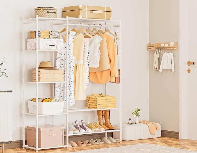 Neprock Clothing Racks for Hanging Clothes with Shelves, Portable Closet System Organizer Garment Rack for Clothes Storage, Metal Free Standing Wardrobe Clothes Organizer(White) thumbnail 8