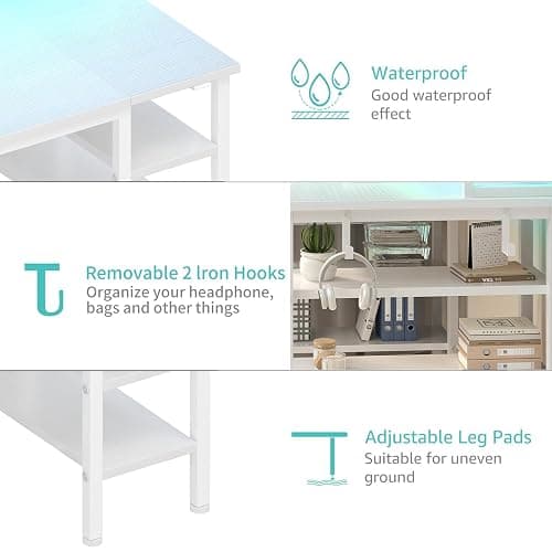 Lufeiya White Desk with Storage Shelves - 47 inch Home Office Gaming Desk with Monitor Stand, Computer Desk with LED Lights and Power Outlets, White thumbnail 8