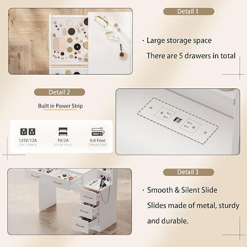 TOKSOM Makeup Vanity with Lights & Charging Station, White Vanity Table with 5 Drawers & Open Storage Shelves, Bedroom Makeup Dressing Table Set for Women Girls thumbnail 6