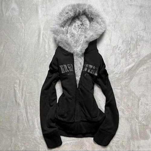 OANTGM Crop Winter Coats Teen Y2k Zip Up Hoodie Fur Jackets Vintage Emo Fairy Grunge 2000s Streetwear thumbnail 4