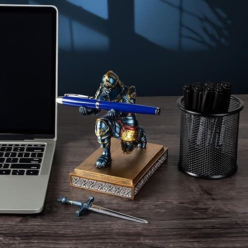 MACLARONX Kneeling Knight Pen Holder with Sword Medieval Warrior Fancy Pencil Stand for Office Desk Home Decor for Men Father Husband Armor Soldier Statue thumbnail 7