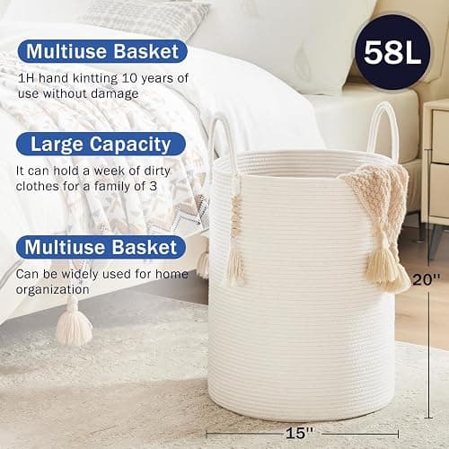 Fiona's magic Woven Rope Laundry Hamper, Tall Laundry Basket for Blanket Storage, Large Dirty Clothes Hamper for Toys, Decorative Baby Nursery Hamper for Bedroom, Living Room - White, 58L thumbnail 5
