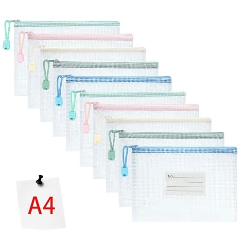 Vicloon 10pcs A4 Plastic Wallets, White/Pink/Yellow/Blue/Green, Zip Lock Bags Mesh Document Wallets with Label Pocket for School, Office, Homework Storage - Image 1