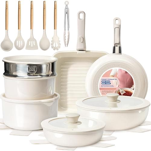 KIKCOIN Ceramic Nonstick Pots and Pans Set - Cookware Set with Detachable Handle - 25 Pack Stackable Cooking Set for RV Kitchen, with Frying Pans, Steamer - Induction/Dishwasher/Oven Safe, PFOA Free - Image 1