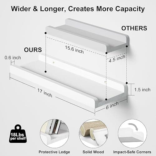 Love-KANKEI Floating Shelves Wall Mounted Set of 2, 17 Inch Rustic Wood Wall Shelves for Storage, Bedroom Living Room Bathroom Kitchen Office and More White thumbnail 3