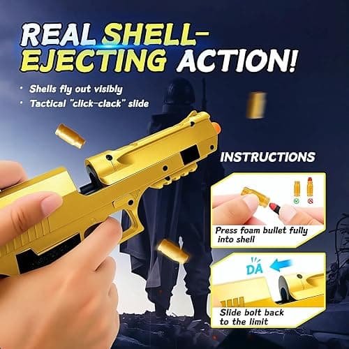 Shell Eject Tactical Gold Toy Gun 50 Foam Bullets Goggles Kids Adults | 40 shelles, 50 foam bullets & goggles. 32ft range. Great Christmas/birthday gift for boys/teens, outdoor backyard battles. thumbnail 4