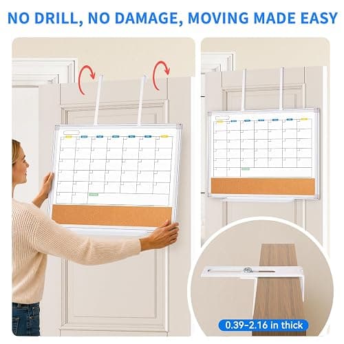 Maxtek 24x18 Inch Magnetic Over Door Calendar Cork Board Combo | Monthly Calendar with Cork for Family Reminders, Notes, and Schedules. No-drill Door Organizer for Home, Dorm, or Office thumbnail 5