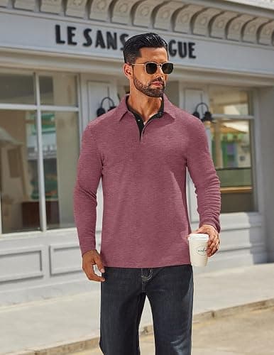 COOFANDY Mens Long Sleeve Polo Shirts Classic Casual Button Polo Tee Lightweight Collared Golf Shirt thumbnail 2