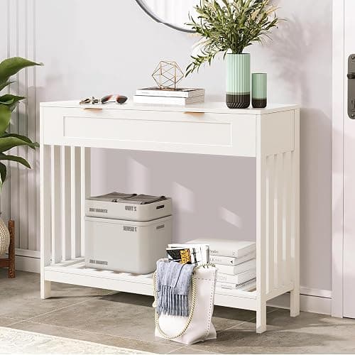 Entryway Table with Drawers Narrow Accent Sofa Table with Storage Shelf, Modern Wooden Console with Drawer Entry Table Storage Slats Shelf for Living Room,Entryway, Foyer, Hallway, White thumbnail 8