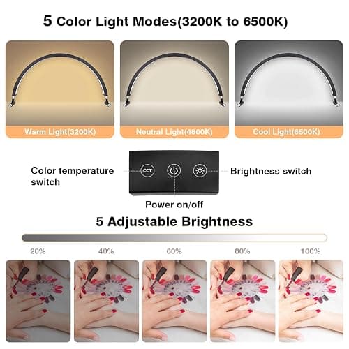 Mznoo Nail Light for Desk, 30'' LED Half Moon Lamp for Nail Techs, Manicure and Handicraft, Adjustable Color Modes and Brightness, with Phone Holder (Black) thumbnail 2